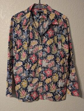 Talbots 100% Cotton Navy & Colorful Bold Floral Blouse Long Sleeve Shirt, Size L